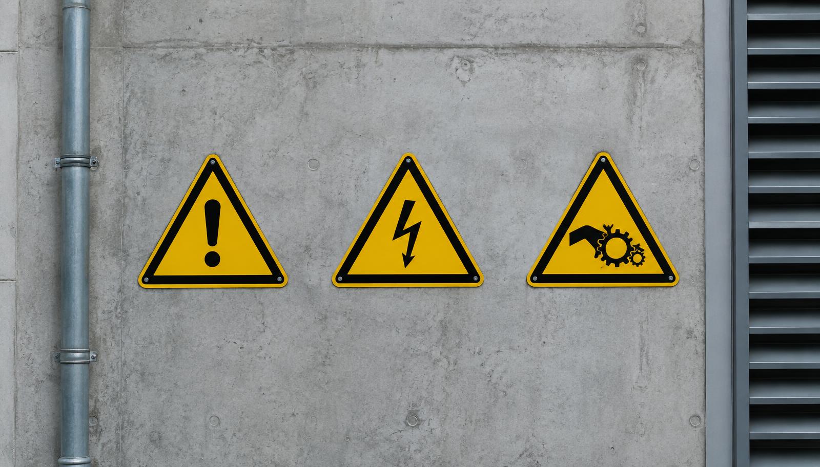 Gule advarselsskilte med ISO 7010-piktogrammer på betonvæg